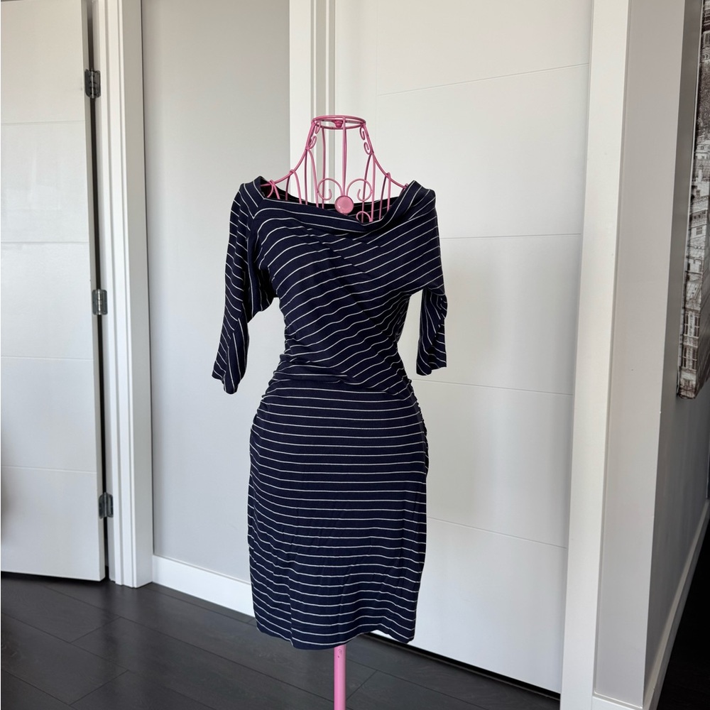 Club Monaco Navy and White Striped Long Sleeve Dress